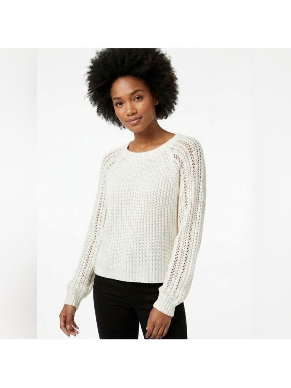 AMERICAN EAGLE Cotton Blend Cream Cropped Rib Knit Pointelle Sleeves Sweater M
